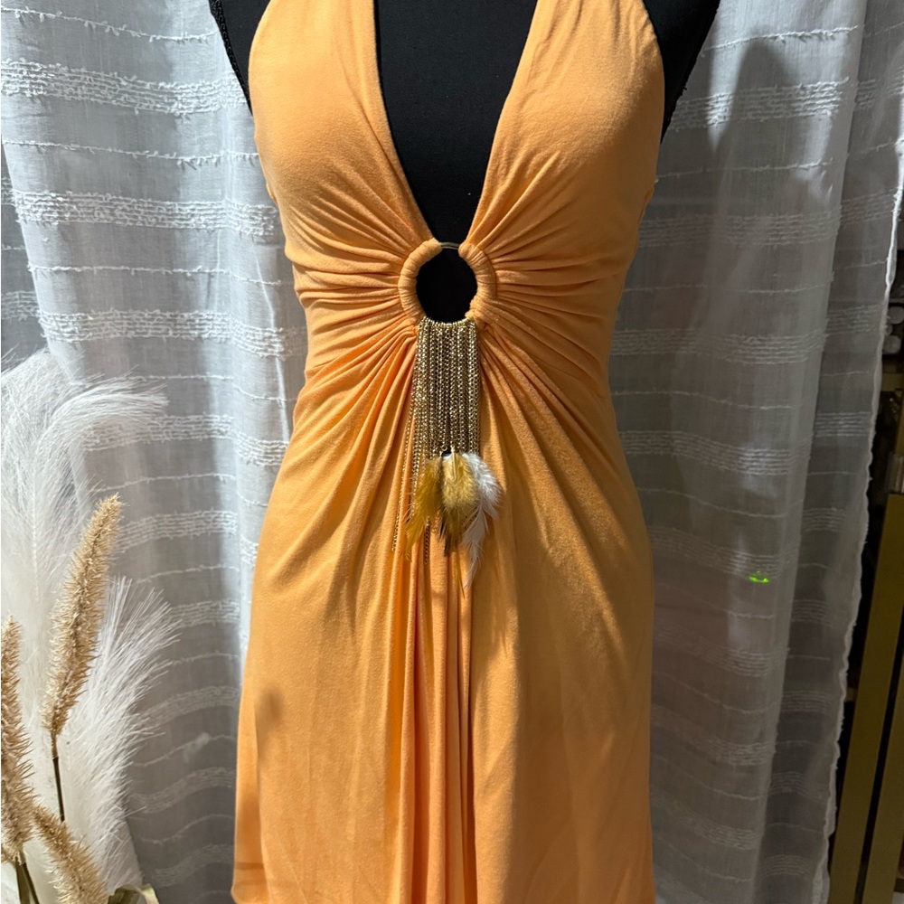 Sky Orange Backless Dress with Tassel Detail